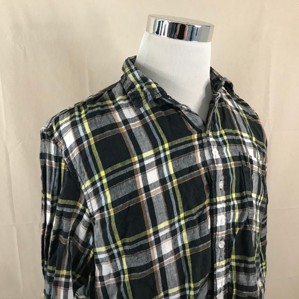 L.L. Bean Signature Large Slim Fit Linen Button Front Shirt Black Plaid Mens